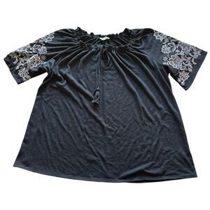 Womens Top XL Black Hippie Loose Ruched Raglan Sleeve Floral